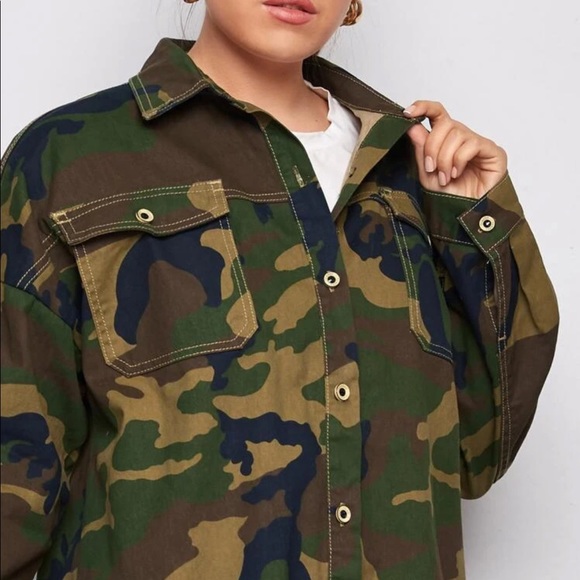 Plus size camouflage pocket button denim coat - Picture 5 of 5